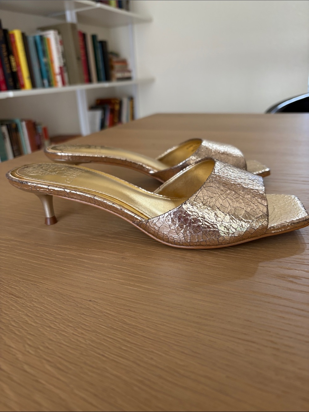 Vince Camuto Cracked Gold Kitten Heel Sandals